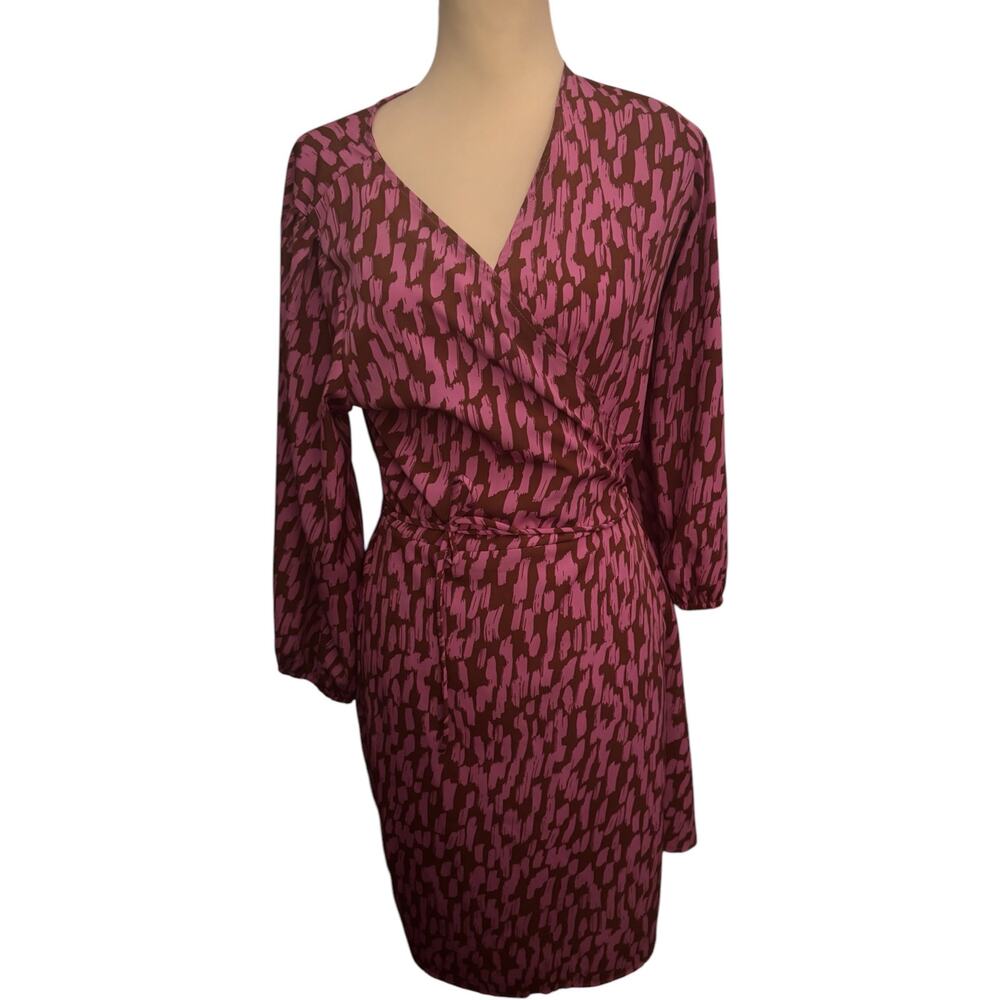 VICI Abstract Print Long Sleeve Wrap Dress, Burgundy and Pink, Women's Size XL